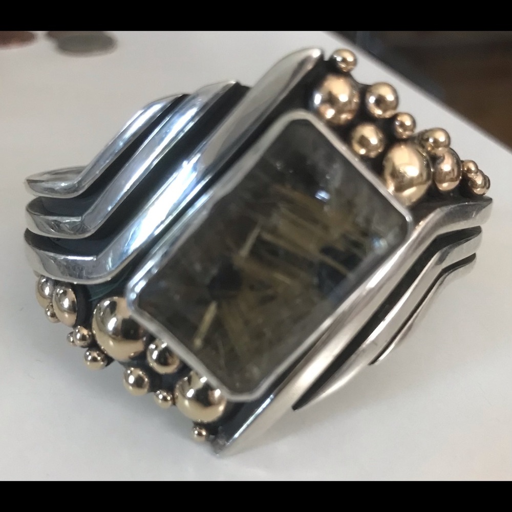 Ellickson 14k yellow gold, sterling silver, and rhodalite quartz bracelet.